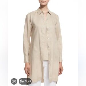 GO Silk Beige Linen Tunic Top Pockets Side Slits Lagenlook Resort Size Large